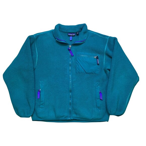 Vintage 90s Patagonia Teal Fleece Full-Zip Jacket Womens Size 10 With Purple Acc - Picture 1 of 6